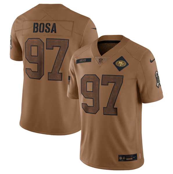 Men%27s San Francisco 49ers #97 Nick Bosa 2023 Brown Salute To Service Limited Football Stitched Jersey Dyin